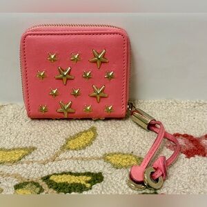 JIMMY CHOO Star Studded Leather Zip-Around Coin Wallet in Pink